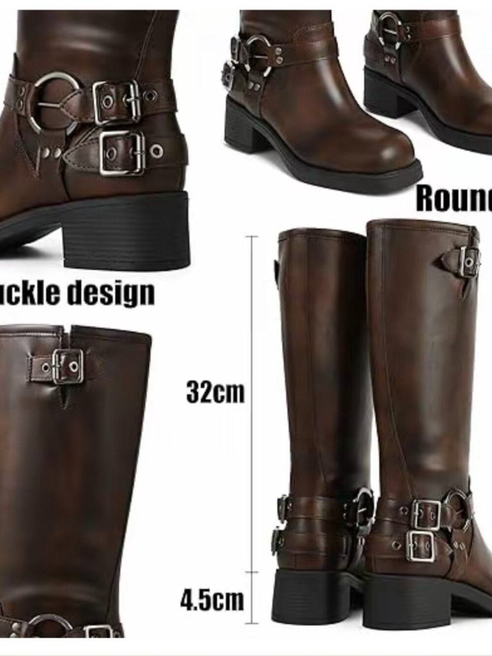 Women's Knee High Buckle Riding Boots Brown Chunky Heel EU 41